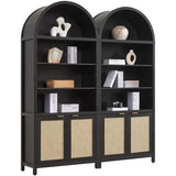 SICOTAS 84.2" Tall Arched Bookcase with Doors - 5 Tier Rattan Bookshelf