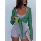 Talakeno Womens Ballet Wrap Tops Cropped Long Sleeve Self Tie Front Shirt Y2K Workout Yoga Pilates Dance Cover Up Blouse(Dark-Green,S)