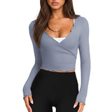 Talakeno Womens Ballet Wrap Tops Cropped Long Sleeve Self Tie Front Shirt Y2K Workout Yoga Pilates Dance Cover Up Blouse(Blue,S1)