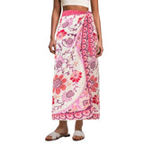 Talakeno Womens Floral Wrap Midi Skirt Summer Adjustable Tie Side Casual High Waist A Line Beach Boho Long Flared Skirts(Pink,S)