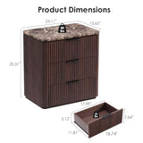 Curved Fluted Nightstand Set of 2, Faux Marble Top, Dark Oak