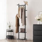 Solid Wood Coat Rack Freestanding Clothing Rack with Wheels & 2 Shelves Storage & 5 Hooks Heavy Duty Clothes Rack Wood Coat Tree Stand Hat Hanger Rack