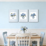 3Pcs Blue Hydrangea Chinoiserie Wall Art Blue and White Stripe Vase Wall Decor Pictures Trendy Preppy Aesthetics Floral Posters Prints for Dorm Apartment Woman Bedroom Decoration 16x24in
