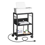MAHANCRIS Industrial Printer Cart, 3-Tier Mobile Printer Stand, Rolling Cart with Power Outlets and USB Ports, Home Printer Stand with 2 Hooks, for Office, Living Room, Black PTHB40E01