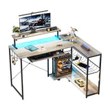 IAISRO L Shaped Gaming Desk with Power Outlets & RGB Lights, 46'' L- Shaped Desk Computer Corner Desk with Monitor Stand & Storage Shelf & Hook, Home Office Desk Writing Desk, Grey