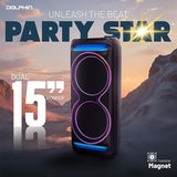 Dolphin Bluetooth Party Speaker – Dual 15" Woofers, 100W RMS, Deep Bass, High Volume, X-BASS, TWS, LED Light Show, Rechargeable Battery, Karaoke Mic Included, PartyBox