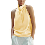 Maohao Women's Silk Satin Tank Tops Halter Draped Front Sexy Backless Womens Summer Tops Elegant Camisole Tops (Yellow,M)