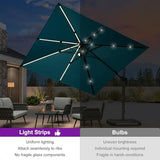 PURPLE LEAF 10 Feet Patio Umbrella Outdoor Cantilever Solar Powered LED Swivel Square Umbrella Aluminum Offset Umbrella, Turquoise Blue