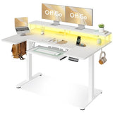 55 Inch Height Adjustable Desk with Power Outlets & LED Lights, Sit Stand Table with Monitor Stand for Home