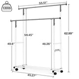 VICERII Double Clothing Rack, 55.51 Inch Garment Rack with Wheels and Bottom Shelf, 130LB Capacity Heavy Duty Rolling Clothes Racks , White