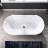 WOODBRIDGE 59" Freestanding White Acylic Soaking Bathtub with White Pillow,Drain and Overflow in Matte Black,BTA1514 -MB-Drain &O+ Pillow