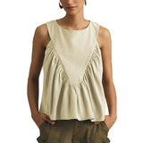 Hixiaohe Shirred Swing Tank Tops for Women Fashion Flowy Sleeveless Shirts Casual Crew Neck Blouse Loose Fit Ruffled Tops(Light-Khaki,XS)