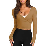 Talakeno Womens Ballet Wrap Tops Cropped Long Sleeve Self Tie Front Shirt Y2K Workout Yoga Pilates Dance Cover Up Blouse(Brown,XL)