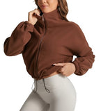 BOWOXO Cropped Fleece Winter Hiking Jacket for Women Cozy Fleece with Secure Side Pockets with 3F Zipper Long Sleeve Windproof Coat（Coffee，XL）