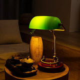 Bankers Lamp, Traditional Green Desk Lamp with Solid Birch Wood Base, Green Glass Antique Library Lamp with Pull Chain Switch