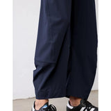 SeeLuNa Women Barrel Travel Pants Elastic Waistband Tapered Leg Baggy Mid Rise Work Trousers Lounge Pant with Pockets(Navy,S)
