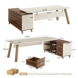 78.7-Inch Executive Desk, L-Shaped Desk with 55-Inch Cabinet, Large Office Desk with Storage Shelves, White & Walnut