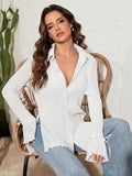 AUGCONE Women's Button-Down Shirts Casual V Neck Collar Long Blouses with Bell Sleeve(White, XXL