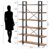 IBF 6 Tier Solid Wood Bookcase, Industrial Natural Real Wood Metal Tall Book Shelf