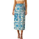 Talakeno Womens Floral Wrap Midi Skirt Summer Adjustable Tie Side Casual High Waist A Line Beach Boho Long Flared Skirts(Blue,L)