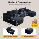 150" Oversized Black Boneless Sectional Couches for Living Room w/ Storage | U Shaped Couch with USB