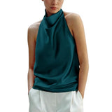 Maohao Women's Silk Satin Tank Tops Halter Draped Front Sexy Backless Womens Summer Tops Elegant Camisole Tops (Green,M)