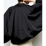 Talakeno Womens Puffed Bomber Jacket Casual Batwing Sleeve Lapel Collar Zip Shirts Oversized Pleated Streetwear Jackets(Black,L)