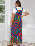 AusLook Plus Size Women's Adjustable Straps Jumpsuits Psychedelic Color Flow 2X Casual Loose Wide Leg Overalls with Pockets