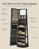 SONGMICS 360° Swivel Jewelry Cabinet, Lockable Jewelry Organizer with Full-Length Mirror, Rear Storage Shelves, Interior Mirror, Jewelry Armoire, Gift Idea, Black UJJC006B01