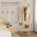 Solid Wood Coat Rack Freestanding Clothing Rack with Wheels & 2 Shelves Storage & 5 Hooks Heavy Duty Clothes Rack Wood Coat Tree Stand