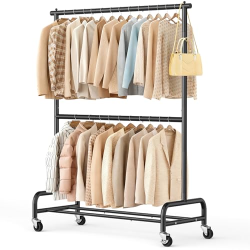 SLEEPING LAMB Heavy Duty Clothes Rack with Wheels, Metal Rolling Garme ...