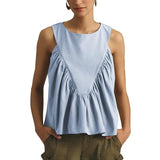 Hixiaohe Shirred Swing Tank Tops for Women Fashion Flowy Sleeveless Shirts Casual Crew Neck Blouse Loose Fit Ruffled Tops(Light-Blue,S)
