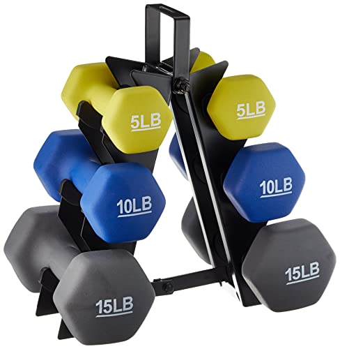 Amazon Basics Neoprene Dumbbell Hand Weights, Rack with 3 Pairs (5, 10, and 15 Pounds), Green/Blue/Grey Amazon Basics