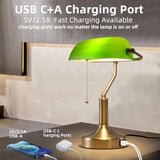 Liylan Banker Desk Lamp Green Glass, Antique Desk Lamps with Brass Base, Traditional Library Table Lamp with USB A and Type C Charging Port