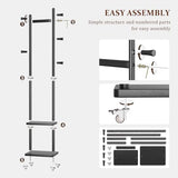 Solid Wood Coat Rack Freestanding Clothing Rack with Wheels & 2 Shelves Storage & 5 Hooks Heavy Duty Clothes Rack Wood Coat Tree Stand Hat Hanger Rack