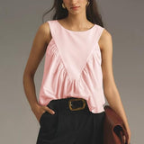 Hixiaohe Shirred Swing Tank Tops for Women Fashion Flowy Sleeveless Shirts Casual Crew Neck Blouse Loose Fit Ruffled Tops(Pink,XS)