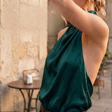 Maohao Women's Silk Satin Tank Tops Halter Draped Front Sexy Backless Womens Summer Tops Elegant Camisole Tops (Green,M)
