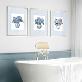 3Pcs Blue Hydrangea Chinoiserie Wall Art Blue and White Stripe Vase Wall Decor Pictures Trendy Preppy Aesthetics Floral Posters Prints for Dorm Apartment Woman Bedroom Decoration Unframed 12x16in