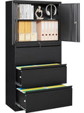 SISESOL 3 Drawer Lateral File Cabinet with Lock and Shelf,Black Metal Filling Cabinet