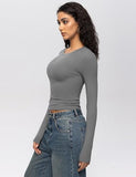 Enerful 2 Piece Women's Long Sleeve Shirts Crew Neck Slim Fitted Going Out Crop Casual Tops Basic Tees,Black Dark Gray X-Large