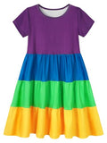 Girls Dresses Rainbow Summer Skater Dress Toddler Kids Color Block Tiered Twirly School Sundress Size 5t Purple 4-5 Years