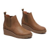 Athlefit Women's Chelsea Wedge Boots Elastic Platform Lug Sole Slip on Wedge Ankle Booties Brown Size 7.5