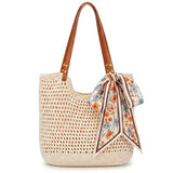 Crochet Beach Tote Bag for Women with Zipper Closure & Lining, Summer Woven Shoulder Bag, Straw Style Boho Vacation Purse
