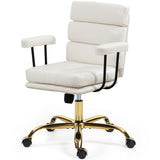 Leather Office Chair with Wheels,Ergonomic Swivel Rolling Task Chair,Padded Seat and Armrests,Adjustable Height Home Desk Chair,Executive Computer Chair, Gold Base Makeup Vanity Chair,White