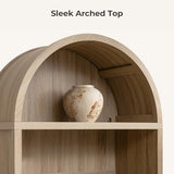 SICOTAS 84.2" Tall Arched Bookcase with Doors - 5 Tier Rattan Bookshelf