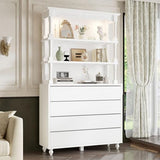Lovinouse Large Vintage Wide Book Shelf with Storage Drawers, 81.1" Tall White Bookcase with Adjustable LED Light