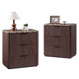 Curved Fluted Nightstand Set of 2, Faux Marble Top, Dark Oak