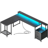 66" L Shaped Gaming Desk with LED Lights & Power Outlets, Computer Desk, Black