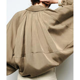 Talakeno Womens Puffed Bomber Jacket Casual Batwing Sleeve Lapel Collar Zip Shirts Oversized Pleated Streetwear Jackets(Khaki,XS2)