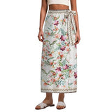 Talakeno Womens Floral Wrap Midi Skirt Summer Adjustable Tie Side Casual High Waist A Line Beach Boho Long Flared Skirts(Green,XS)